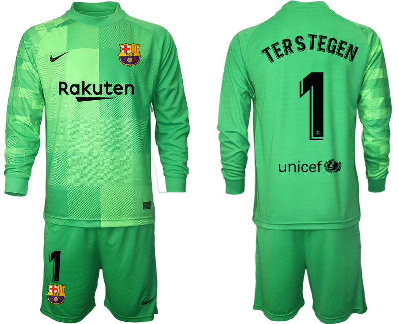Men 2021-2022 Club Barcelona green goalkeeper Long Sleeve #1 Soccer Jersey